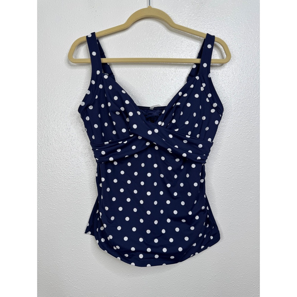 Lands End Navy Blue Polka Dot Tankini Swim Top Underwire Size 10 DD Twist Front